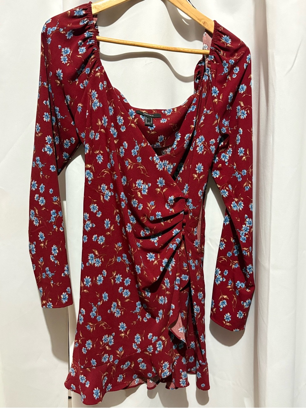 Forever 21 Burgundy Floral Wrap-Style Long Sleeve Dress
